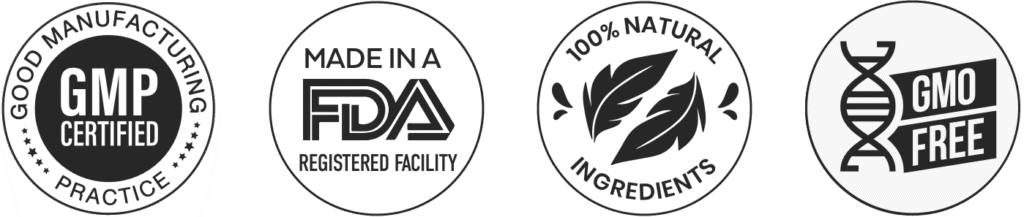 GMP certified, FDA registered facility, 100% natural ingredients and GMO free certification icons