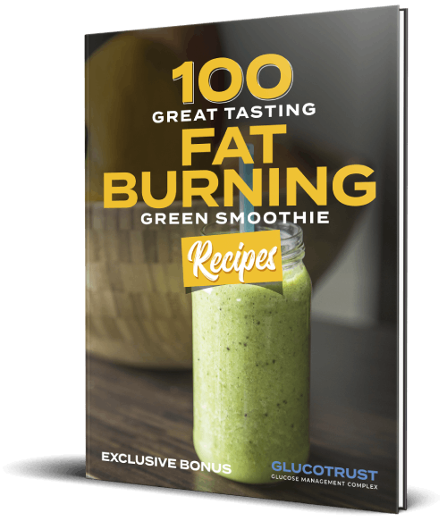 Cover of "100 Great Tasting Fat Burning Green Smoothie Recipes" bonus eBook with GlucoTrust logo
