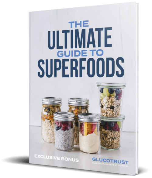 Cover of "The Ultimate Guide to Superfoods" bonus eBook with jars of superfood ingredients