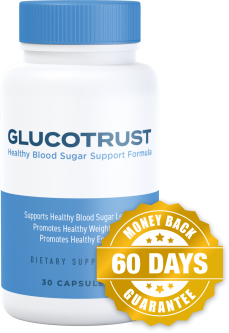 Single bottle of GlucoTrust Healthy Blood Sugar Support Formula dietary supplement with 60-day money-back guarantee badge